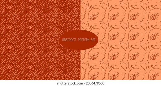 Set of 2 abstract seamless patterns with face and lines. Illustration for decoration, wallpaper and textile.