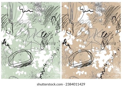 Conjunto de 2 Patrones de vectores sin soldadura abstractos con manchas y manchas irregulares dibujadas a mano sobre un fondo azul y beige claro. Pinturas Repetibles De Doodle Resumen. RGB. Diseño creativo sin fin.