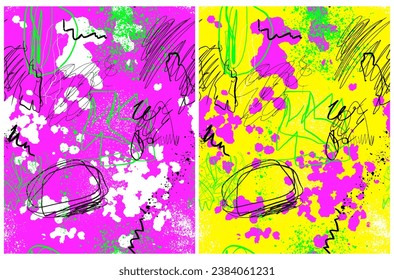Ensemble de 2 Motifs Vectoriels Abstraits Harmonieux avec des Zones et des Grilles Irrégulières Dessinées à la Main sur Fond rose néon et jaune vif. Imprimantes Répétables Doodles Abstraites. RVB. Un Design Créatif Sans Fin.