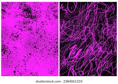 Set of 2 Abstract Seamless Vector Patterns with Hand Drawn Irregular Spots and Scribbles on a Neon Pink and Black Background. Abstract Doodle Repeatable Prints. RGB. Creative Endless Design.
