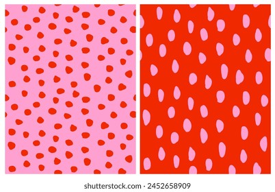 Set of 2 Abstract Seamless Vector Patterns with Hand Drawn Irregular Dots and Spots on a Light Pink and Red Background. Simple Geometric Dotted Design. Funny Repeatable Abstract Doodle Print. RGB.