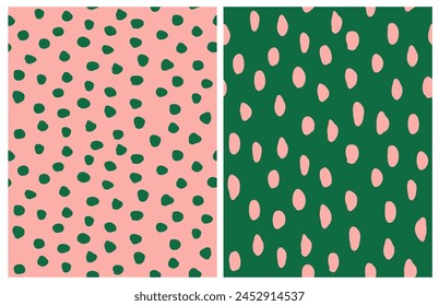 Set of 2 Abstract Seamless Vector Patterns with Hand Drawn Irregular Dots and Spots on a Coral Pink and Green Background. Simple Geometric Dotted Design. Funny Repeatable Abstract Doodle Print. RGB.