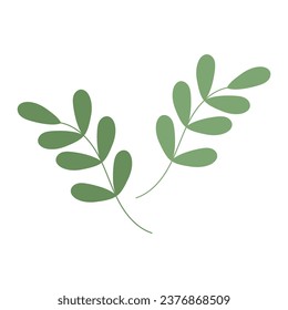 Set of 2 abstract spring twigs with small leaves in trendy green shades. Isolated design elements