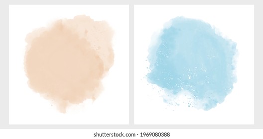 Set of 2 Abstract Watercolor Style Vector Splashes. Pastel Blue and Lightt Beige Paint Stains on a White Background. Pastel Color Irregular Daubs Set.