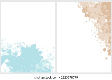 Set of 2 Abstract Watercolor Style Vector Layouts. Pastel Blue and Light Brown Paint Stains on a White Background. Stains and Splatter Print Set. Border made of Hand Drawn Watercolor Stains.