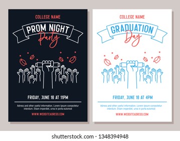 Set of 2 academic posters. Vector illustration for Prom Night Party invitations and another for Graduation day events. Hands raised throwing academic hats
up and showing diploma. Congrats graduates