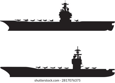 Set of 2 Aircraft Carrier Silhouette Vector Illustration Bundle isolated on white background