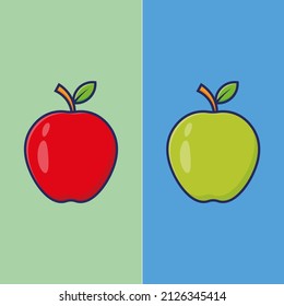 Set of 2 apple fruit cartoon illustration with fill and outline
