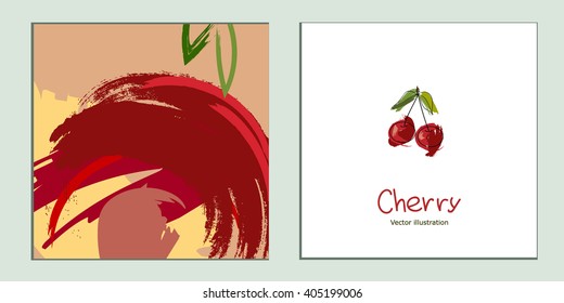  set of 2 artistic templates for design. hand drawn colorful background and red cherry  isolated on white background