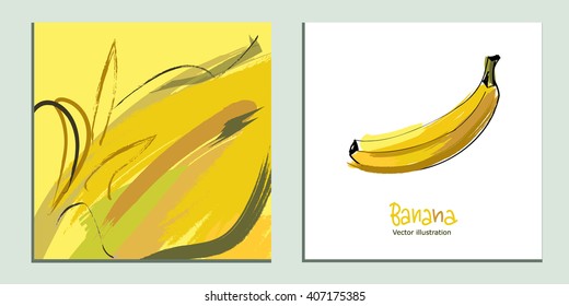  set of 2 artistic templates for design. hand drawn colorful background and banana isolated on white background