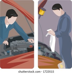 A set of 2 auto mechanics checking the engine of cars.