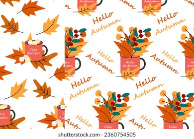 Set of 2 autumn seamless patterns of cups with bouquet of dry leaves, seasonal branches with berries