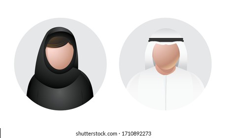 Set of 2 avatars (Gulf-region woman and man in traditional dress) isolated on white background. Editable vector illustration.