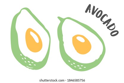 Set of 2 avocado cut in half drawing hand painted with ink brush isolated on white background. Vector illustration