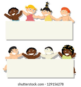 Set 2 of babies of different ethnicity with banner, isolated objects on white background. Vector cartoons.