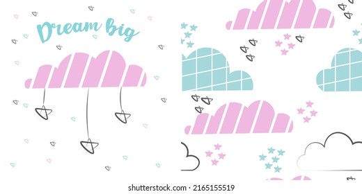 Set Of 2 Baby Cards In Blue And Pink. Cute Smiling Cloud, Stars And Cloud Pattern. Scandinavian Nursery Art For Boys. Gender Neutral Card Design For Baby Shower.