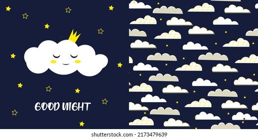 Set Of 2 Baby Cards In Blue And White. Cute Smiling Clouds And Stars Pattern. Good Night. Scandinavian Nursery Art For Boys. Gender Neutral Card Design For Baby Shower. Best Friends.