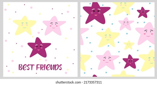 Set Of 2 Baby Cards In Purple And Yellow. Cute Smiling Stars And Stars Pattern. Dream Big Little One. Scandinavian Nursery Art For Boys. Gender Neutral Card Design For Baby Shower. Best Friends.