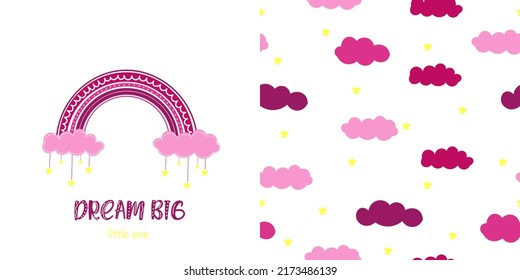 Set Of 2 Baby Cards In Purple And Yellow. Cute Smiling Stars And Clouds Pattern. Dream Big Little One. Scandinavian Nursery Art For Boys. Gender Neutral Card Design For Baby Shower. Best Friends.