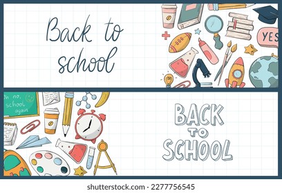 set of 2 back to school horizontal banners decorated with quotes and doodles. Good for posters, prints, cards, templates, etc. EPS 10