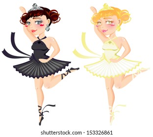 Set of 2 ballet dancer girl. Black and white ballerina. Swan princess characters.