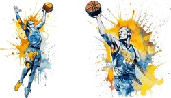 Set Of 2 Basketball Players, White Caucasian, Watercolor Vector Image Style, Dunking, Playing, Jumping, Basquetbol, Isolated In White Background, Splatter, Blue Uniform