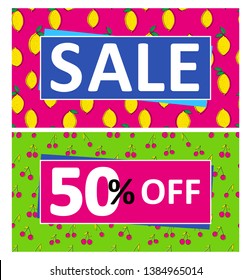 Set of 2 Big Sale Vector Banners. Abstract Vector Sale Illustrations with  Lemons on a Pink and Cherries on a Green Background. Sale and 50% off Discount. Special Offer Simple Vector Banners.