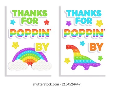 Set of 2 Birthday Popit rainbow favor cards in fidget toy style. Pop it party design as a trendy silicone toy for fidget in bright color. Bubble sensory dinosaur on favor tag for gift wrap. Vector