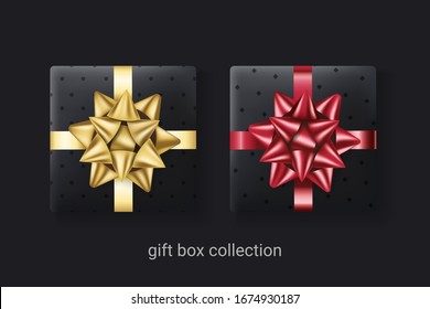 Set of 2 black gift boxes, decorative men presents. Top view. Isolated on white background. Realistic 3d style. Vector illustration.