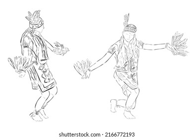 Set 2 Black Vector Outline Sketch, Dayak Traditional Enggang Bird Dancer, East or West Kalimantan Indonesia
