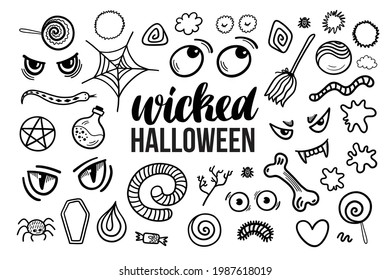 Set 2 with black and white hand drawn wicked Halloween illustrations. Vector doodle elements and lettering