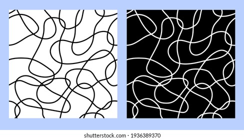 Set of 2 black and white seamless patterns with abstract smooth rounded curved shapes. Abstract geometric background. 