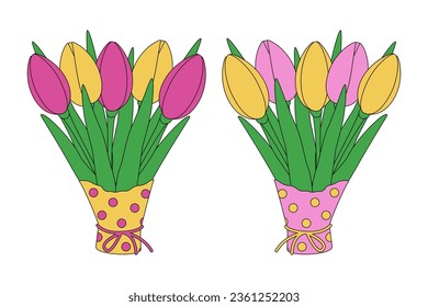 Set of 2 blooming colorful tulip bouquets in wrapping paper in trendy shades of soft pink and yellow