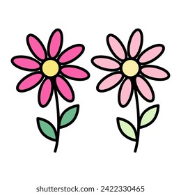 Set of 2 blooming flowers in trendy bright and pale marker shades. Design elements for greetings