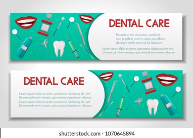 Set of 2 brochure about dental care with tools and instruments,stomatology clinic and orthodontics,dental hygiene and services. Template for flyer, magazine, poster,cover, banner,greeting card