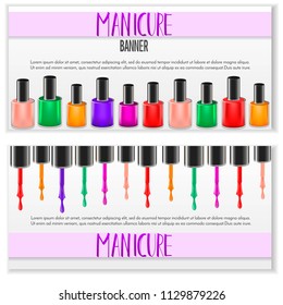 Set of 2 brochure design with realistic manicure nail polish bottles. Salon, shop advertisement concept. Template for flyer, magazine, poster,cover, banner,greeting card,invitation. Vector