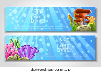 Set of 2 brochure with plants and aquatic marine algae, seawed and corals. Template for flyer, magazine, poster,cover, banner,greeting card,invitation.