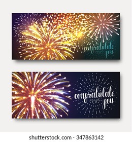 Set of 2 brochures festive design fireworks. A bright, gala illustration for printing. Ready decor  lighting effects. Greeting card with realistic firework background 
