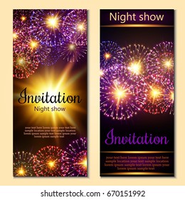 A set of 2 brochures of festive design. Invitation card with realistic fireworks. Vector.