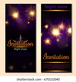 A set of 2 brochures of festive design. Invitation card with realistic fireworks. Vector.