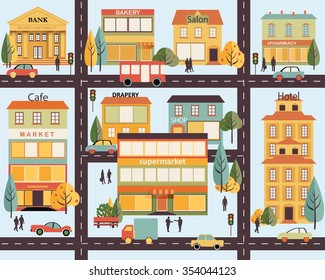Set 2 buildings style small business flat design infographic Seamless pattern Architecture town salon pharmacy bakery bank supermarket drapery shop Vector. cartoon background street city map car road
