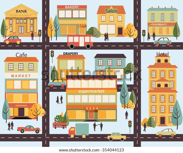 Set 2 buildings style small business flat design\
infographic Seamless pattern Architecture town salon pharmacy\
bakery bank supermarket drapery shop Vector. cartoon background\
street city map car road