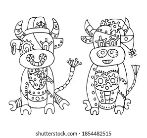 Set of 2 bulls in the steampunk style. Ox, Chinese zodiac symbol of new 2021 year. Vector illustration. Asian new year. Eastern horoscope.Metal Bulls isolated on a white.Coloring book for children