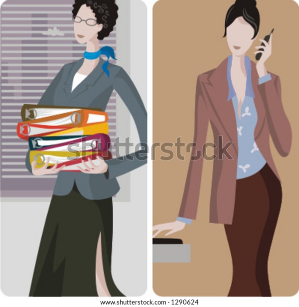 A set of 2 businesswomen vector\
illustrations. 1) A businesswoman, a secretary or a student carring\
folders. 2) A businesswoman speaking on a mobile\
phone.