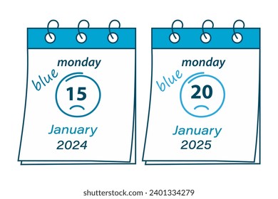 Conjunto de 2 hojas de calendario con fecha de Lunes Azul 2024, 15 de enero y 2025, 20 de enero. Aislar