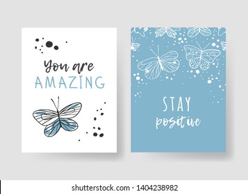 Set of 2 cards with Hand drawn illustration and text. Positive quote for today and doodle style element. Creative ink art work. Actual vector drawing