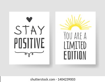 Set of 2 cards with Hand drawn illustration and text. Positive quote for today and doodle style element. Creative ink art work. Actual vector drawing