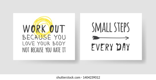 Set of 2 cards with Hand drawn illustration and text. Positive quote for today and doodle style element. Creative ink art work. Actual vector drawing