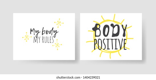 Set of 2 cards with Hand drawn illustration and text. Positive quote for today and doodle style element. Creative ink art work. Actual vector drawing