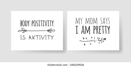 Set of 2 cards with Hand drawn illustration and text. Positive quote for today and doodle style element. Creative ink art work. Actual vector drawing
